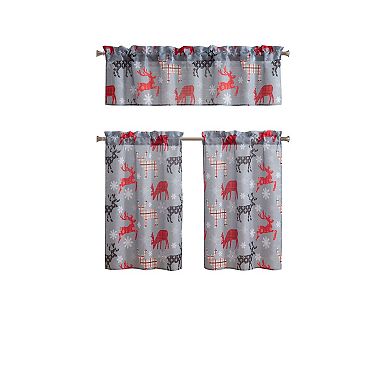 Kate Aurora Plaid Christmas Reindeer Snowflakes 3 Pc Kitchen Curtain Tier And Valance Set