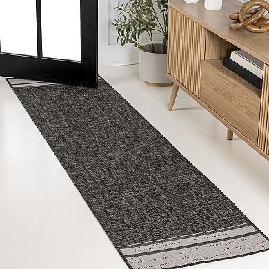 Hali Coastal Casual Wide Stripe Border Beige/cream 2 Ft. X 8 Ft. Indoor/outdoor Runner Rug