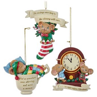 3.5" Christmas Mouse Ornaments - Set Of 3 Assorted Resin Christmas Decorations
