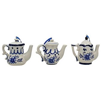 2.38" - 2.56" Delft Blue Teapot Ornaments - Set Of 3 Assorted Porcelain Christmas Decorations