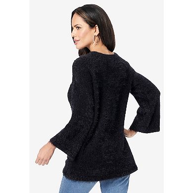 Roaman's Women's Plus Size Eyelash Lace Neck Sweater