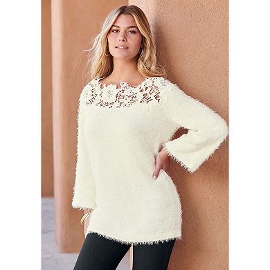 Roaman's Women's Plus Size Eyelash Lace Neck Sweater