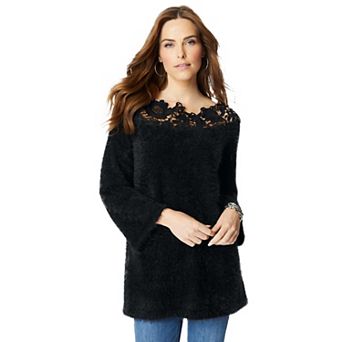 Roaman's Women's Plus Size Eyelash Lace Neck Sweater