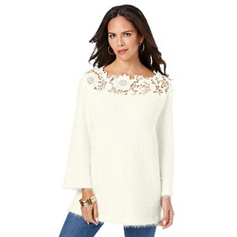 Roaman's Women's Plus Size Eyelash Lace Neck Sweater