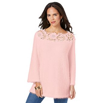 Roaman's Women's Plus Size Eyelash Lace Neck Sweater