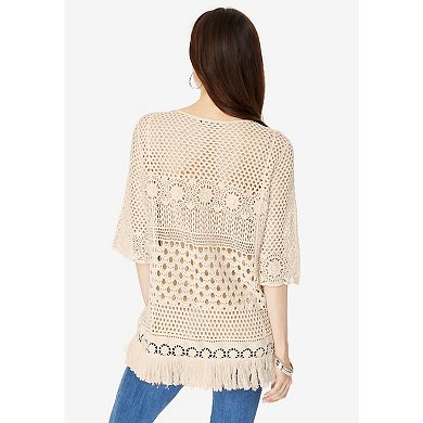 Roaman's Women's Plus Size Fringed Crochet Sweater