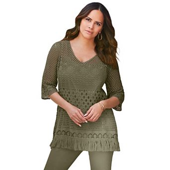 Roaman's Women's Plus Size Fringed Crochet Sweater