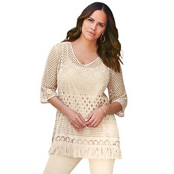Roaman's Women's Plus Size Fringed Crochet Sweater