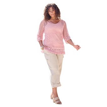 Roaman's Women's Plus Size Fringed Crochet Sweater