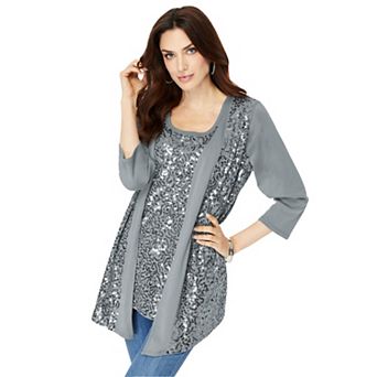 Roaman's Women's Plus Size Sequin-Panelled Tank & Cardigan Set