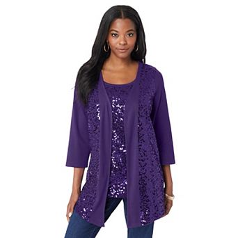 Roaman's Women's Plus Size Sequin-Panelled Tank & Cardigan Set