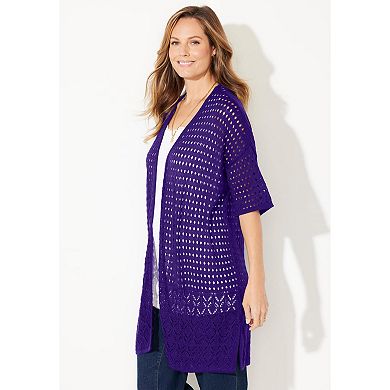 Catherines Women's Plus Size Open Crochet Short Sleeve Cardigan