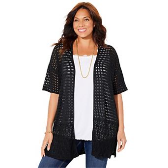 Catherines Women's Plus Size Open Crochet Short Sleeve Cardigan
