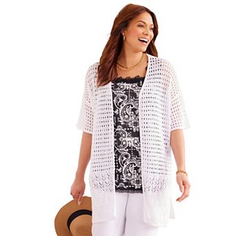 Catherines Women's Plus Size Open Crochet Short Sleeve Cardigan