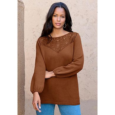 Roaman's Women's Plus Size Lace Mesh Pullover Sweater