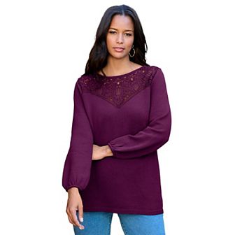 Roaman's Women's Plus Size Lace Mesh Pullover Sweater