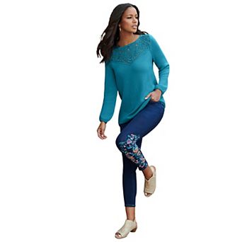 Roaman's Women's Plus Size Lace Mesh Pullover Sweater