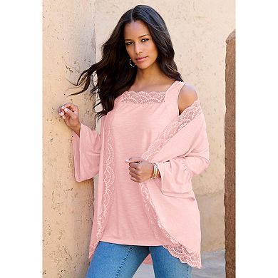 Roaman's Women's Plus Size Lace-Detailed Cardigan And Tank Set