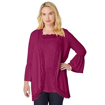 Roaman's Women's Plus Size Lace-Detailed Cardigan And Tank Set