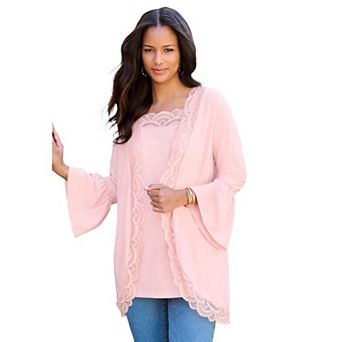 Roaman's Women's Plus Size Lace-Detailed Cardigan And Tank Set