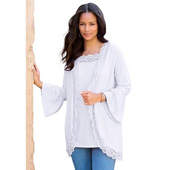 Roaman's Women's Plus Size Lace-Detailed Cardigan And Tank Set