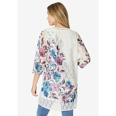 Roaman's Women's Plus Size Printed Lace Cardigan