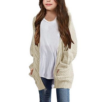 Girls Long Sleeve Cardigan Sweaters Open Front Cable Knit Chunky Kids Oversized Cute Outerwear Coat