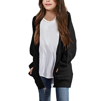 Girls Long Sleeve Cardigan Sweaters Open Front Cable Knit Chunky Kids Oversized Cute Outerwear Coat