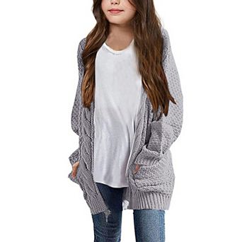 Girls Long Sleeve Cardigan Sweaters Open Front Cable Knit Chunky Kids Oversized Cute Outerwear Coat