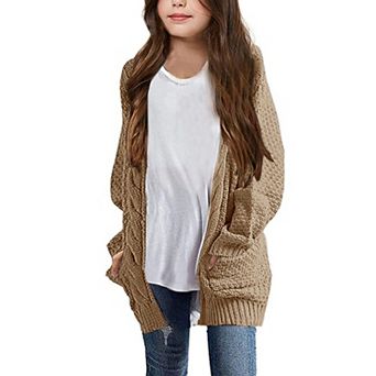 Girls Long Sleeve Cardigan Sweaters Open Front Cable Knit Chunky Kids Oversized Cute Outerwear Coat