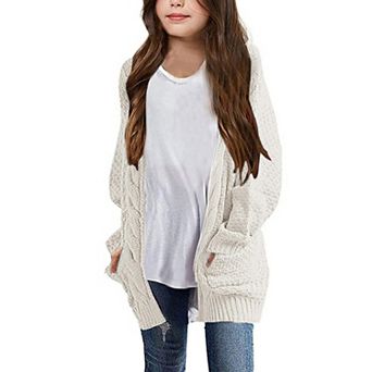 Girls Long Sleeve Cardigan Sweaters Open Front Cable Knit Chunky Kids Oversized Cute Outerwear Coat