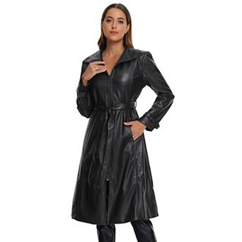 Faux Leather Long Jacket for Women's Lapel Long Sleeve Zip Casual Coat