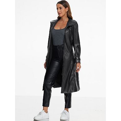 Faux Leather Long Jacket for Women's Lapel Long Sleeve Zip Casual Coat