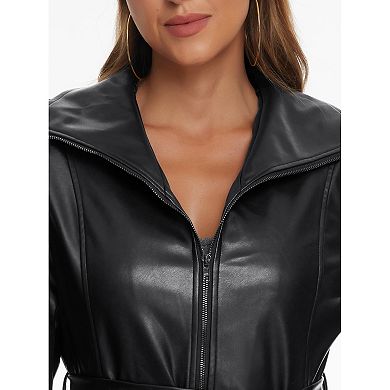 Faux Leather Long Jacket for Women's Lapel Long Sleeve Zip Casual Coat