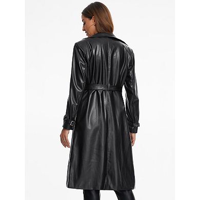 Faux Leather Long Jacket for Women's Lapel Long Sleeve Zip Casual Coat