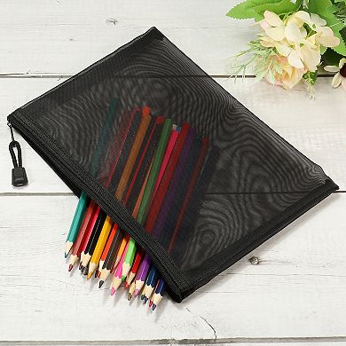 Mesh Zipper Bags, A5 Nylon Zip Pouch Pencil Case Storage Pockets for Travel, Black Pack of 6