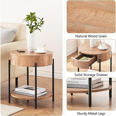Round End Table Farmhouse Side Table with Drawer Wood Circle End Tables Small Bedside Table