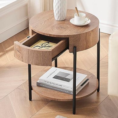 Round End Table Farmhouse Side Table with Drawer Wood Circle End Tables Small Bedside Table