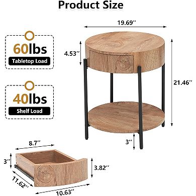 Round End Table Farmhouse Side Table with Drawer Wood Circle End Tables Small Bedside Table