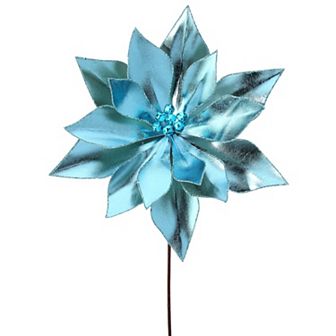 24" Aqua Blue Retro Poinsettia Stem with Jingle Bells - Elegant Christmas Floral Decoration