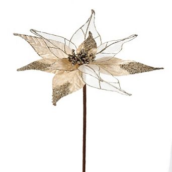 12" Gold Velvet Poinsettia Flower with Sheer Glitter Edge Elegant Christmas Floral Decoration