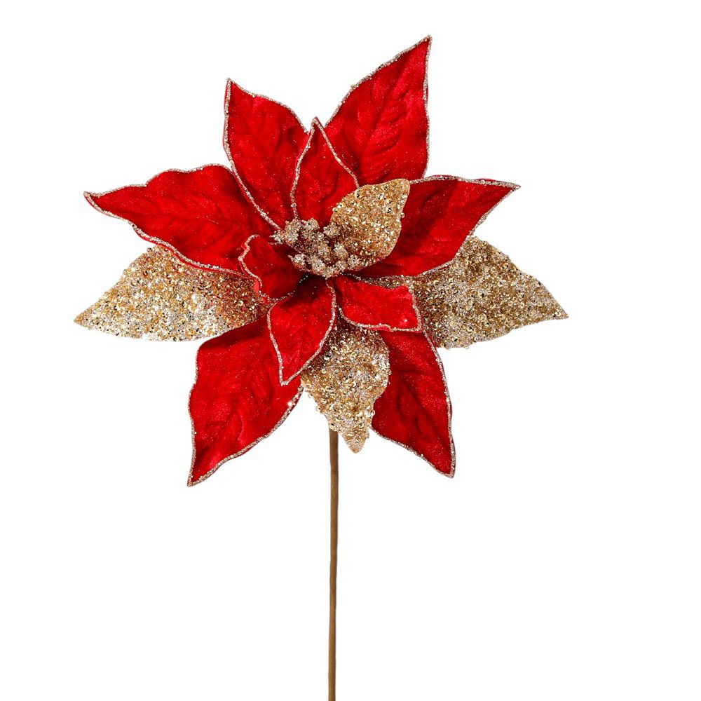 24" Red and Gold Velvet Poinsettia Stem with Glitter Festive Christmas ...