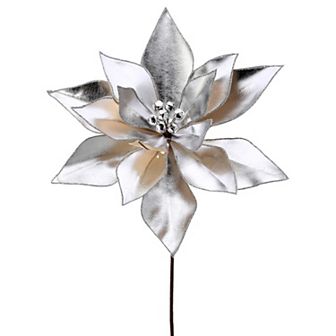 24" Silver Retro Poinsettia Stem with Jingle Bells - Vintage Christmas Floral Decoration