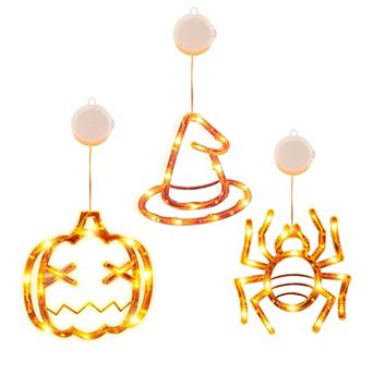 3 Pack Halloween Window Lights Spider, Witch Hat & Pumpkin with Orange Lights, Suction Cup