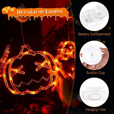 3 Pack Halloween Window Lights Spider, Witch Hat & Pumpkin with Orange Lights, Suction Cup