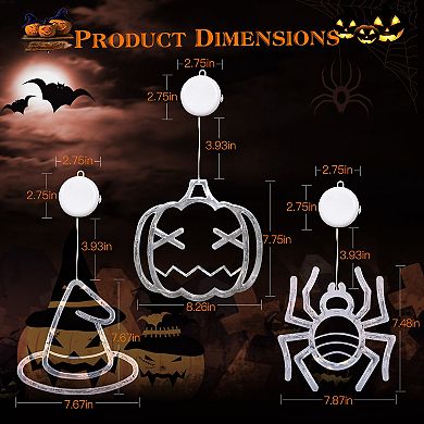 3 Pack Halloween Window Lights Spider, Witch Hat & Pumpkin with Orange Lights, Suction Cup