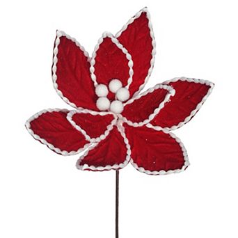 24" Red Velvet Poinsettia Flower with White Cotton Bead Edge Elegant Christmas Floral Decoration