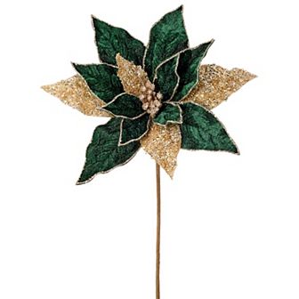 24" Green and Gold Velvet Poinsettia Stem with Glitter Elegant Christmas Floral Pick