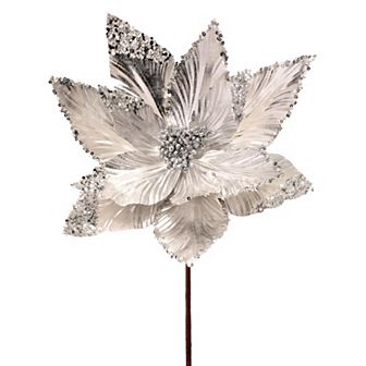 24" Silver Metallic Sequin Edge/Tips Poinsettia Stem - Elegant Christmas Floral Decoration