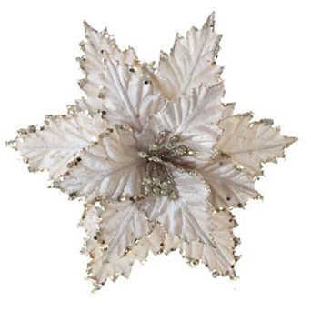 10" White Velvet Poinsettia Flower with Gold Trim Elegant Christmas Floral Decoration
